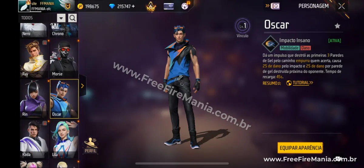 Oscar antes da atualiza&ccedil;&atilde;o Free Fire