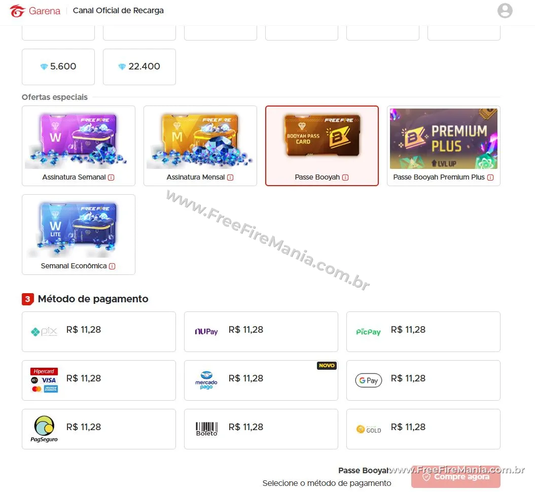 Passe Booyah dispon&iacute;vel no Centro de Recarga da Garena por R$ 11,28