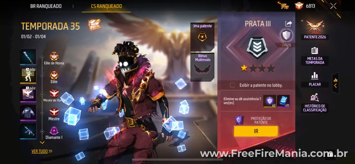 Tela do Contra Squad ranqueado do Free Fire mostrando patentes e sistema de classifica&ccedil;&atilde;o