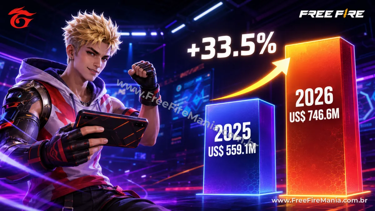 Personagem do Free Fire ao lado da logo da Garena e do valor de 746 milh&otilde;es de d&oacute;lares