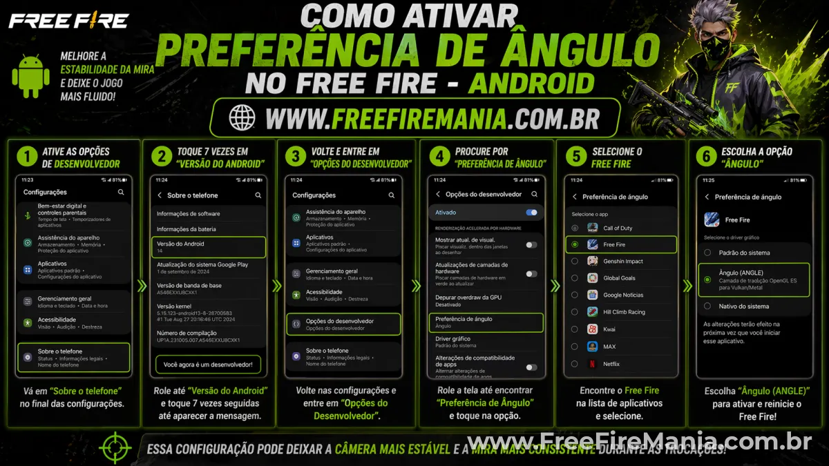 Tela de Opções de Desenvolvedor no Android mostrando seleção de ângulo para o Free Fire