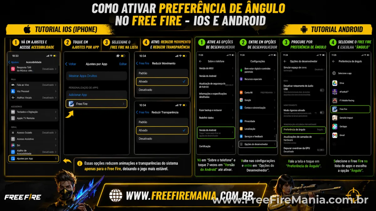 Configurações de Acessibilidade do iPhone com opções Reduzir Movimento e Reduzir Transparência ativadas para o Free Fire
