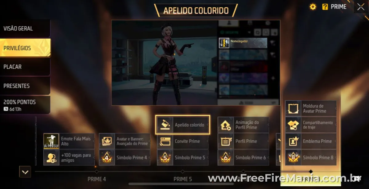 Apelido colorido do Prime Free Fire exibido no perfil do jogador no nível 5