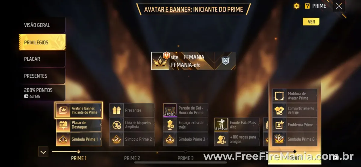 Tabela de níveis e benefícios do sistema Prime do Free Fire