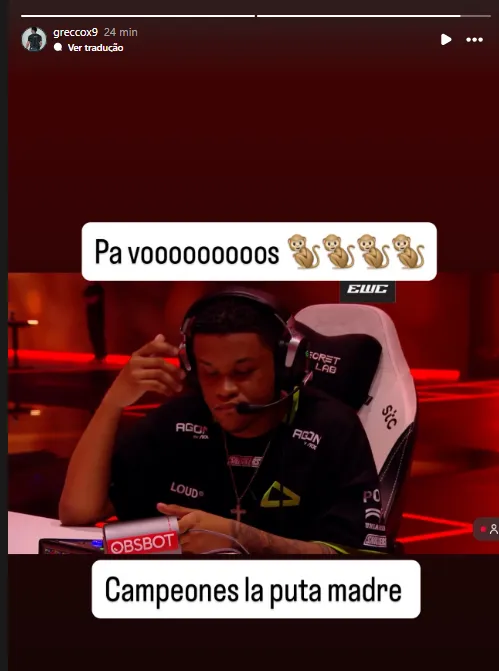 Print de repercuss&atilde;o sobre coment&aacute;rio racista contra jogador da LOUD durante a EWC26