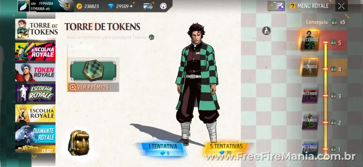 Tela do evento Torre de Tokens Free Fire