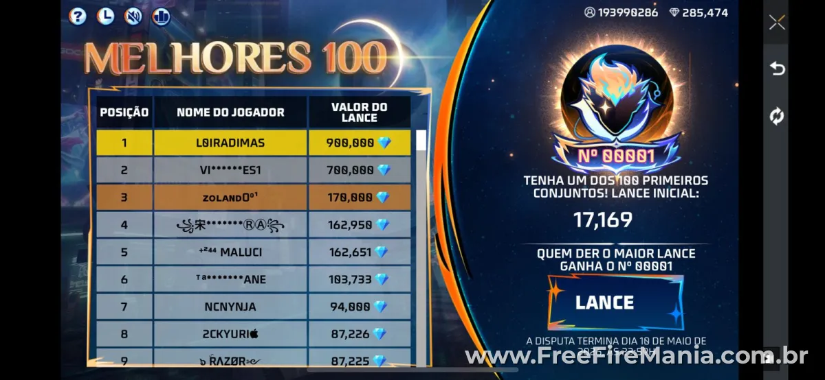 Ranking Disputa Lend&aacute;ria Free Fire maio 2026 &mdash; jogador lidera com 700 mil diamantes