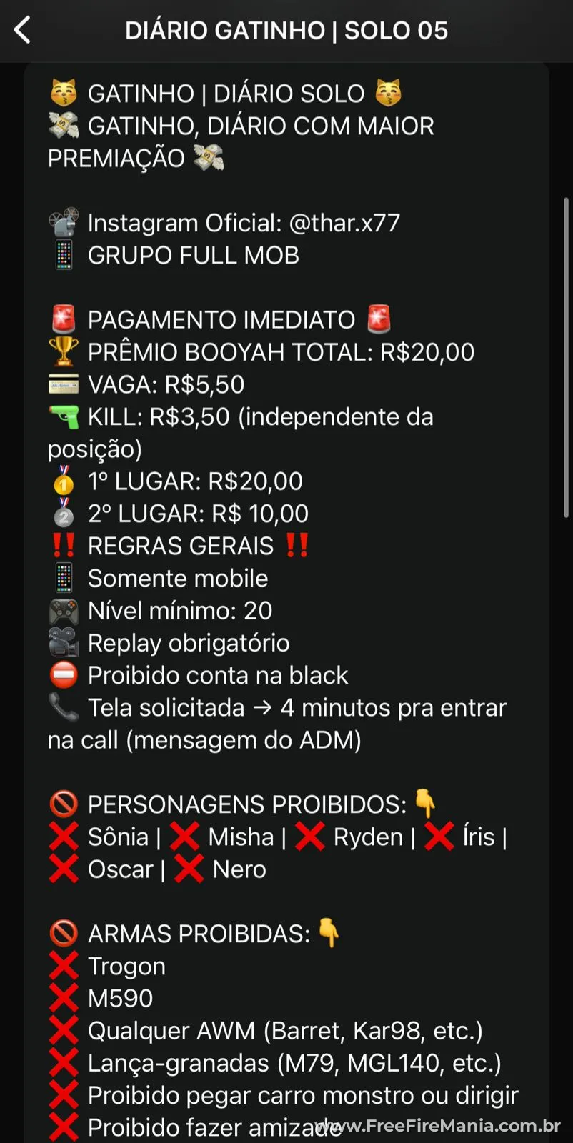Regras do grupo Gatinho Diário Solo no Free Fire com personagens e armas proibidos
