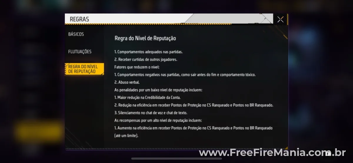 Regras básicas do sistema de honra no Free Fire