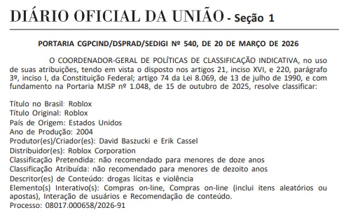 Roblox classifica&ccedil;&atilde;o 18 anos Brasil documento DOU