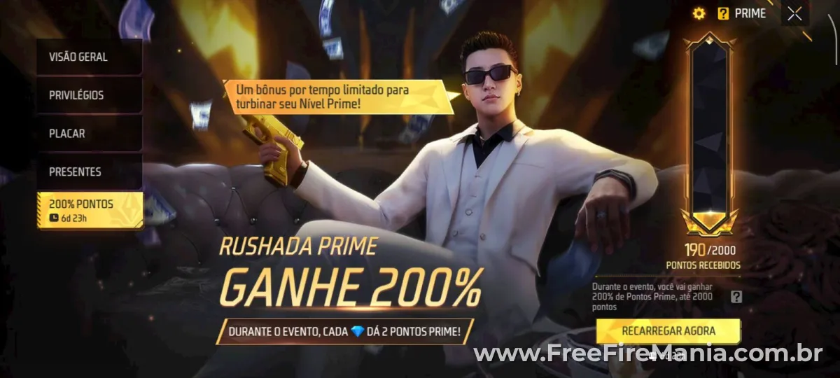 Evento Rushada Prime do Free Fire com bônus de 200% nos Pontos Prime