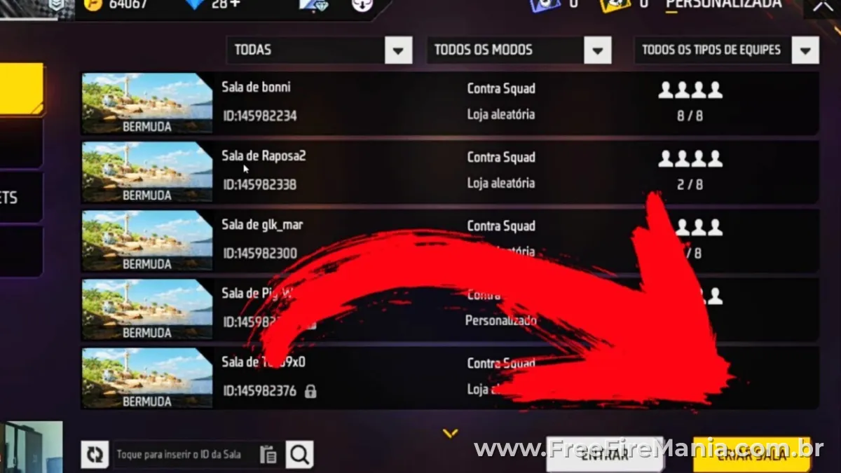 Sala personalizada apostada no Free Fire com 48 jogadores e regras próprias de competição