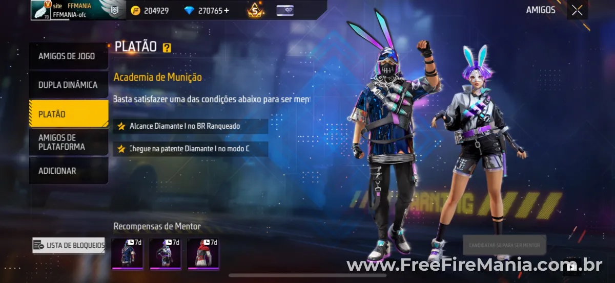 Tela do sistema Plat&atilde;o no Free Fire