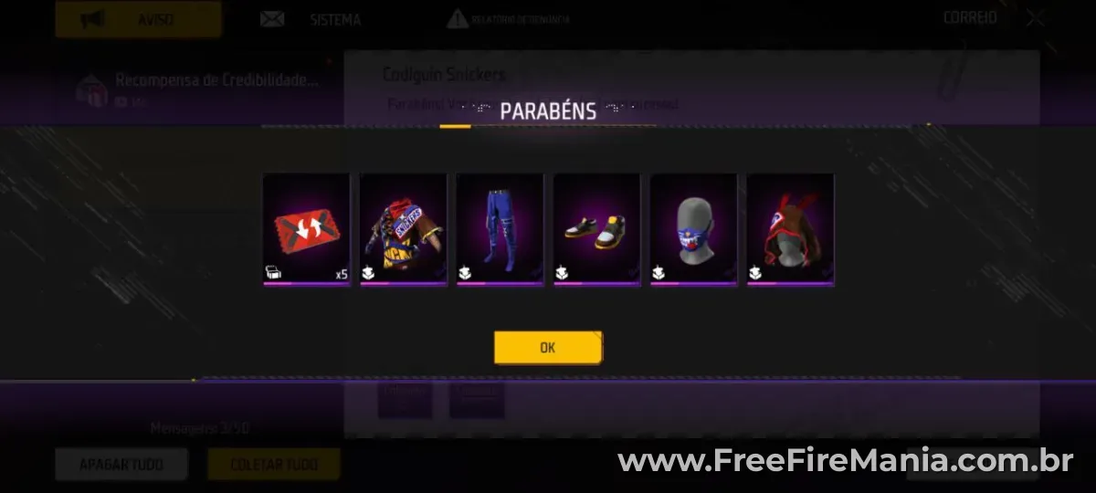 Itens e skins do Codiguin Snickers no Free Fire exibidos após resgate