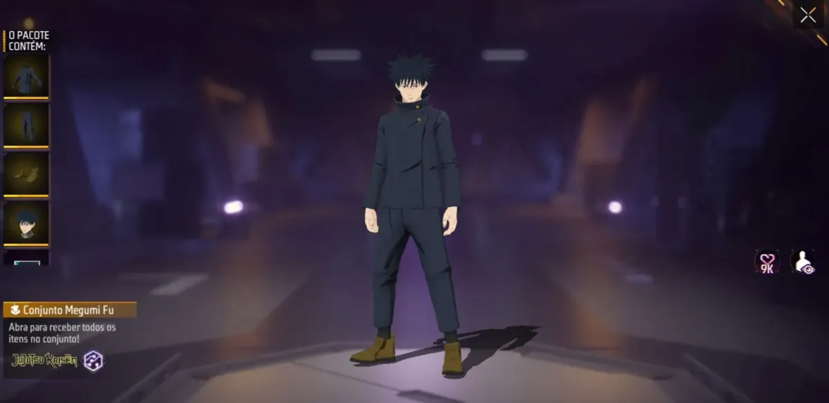 Conjunto Megumi Fushiguro no Free Fire durante o evento Supermercado Turbo