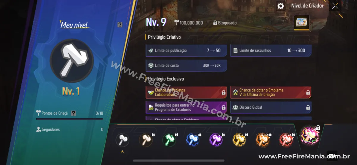 Pantalla de Nivel de Creador y Puntos de Creación de la Oficina de Creación de Free Fire