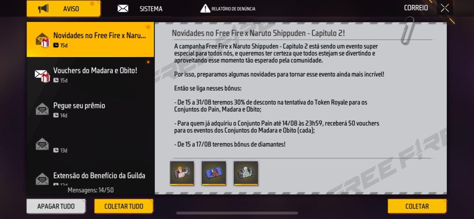 Tokens grátis do evento Free Fire e Naruto