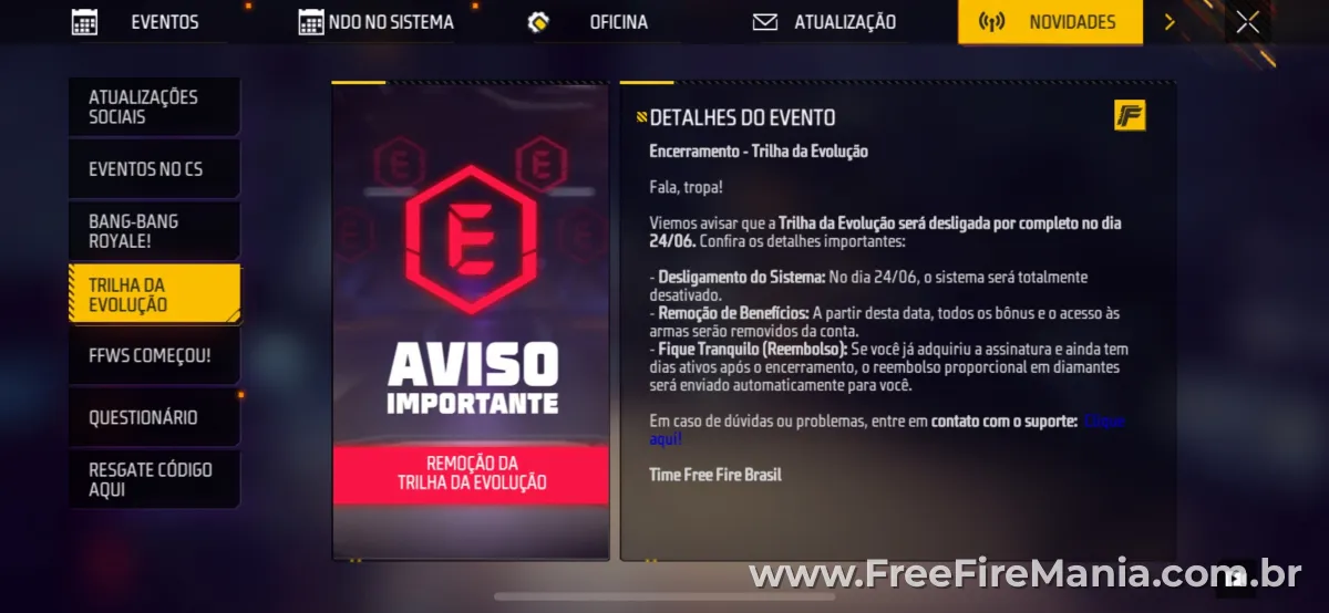 Aviso oficial informando o encerramento da Trilha da Evolu&ccedil;&atilde;o no Free Fire
