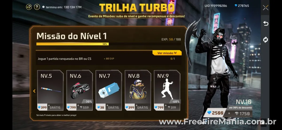 Evento Trilha Turbo Free Fire com sistema de progress&atilde;o por n&iacute;veis
