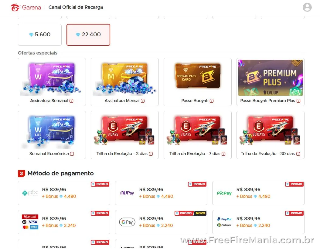 recarga diamantes free fire valores oficiais