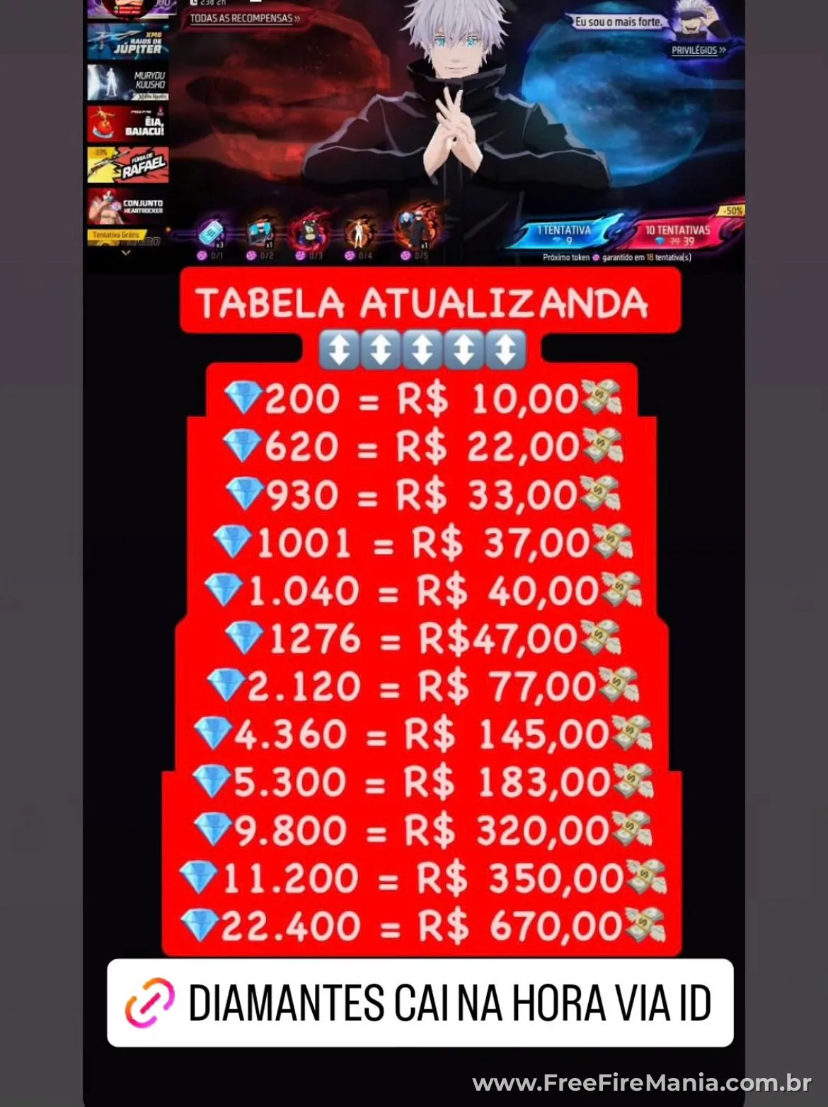 Tabela de preços de diamantes do Free Fire sendo vendida fora dos canais oficiais