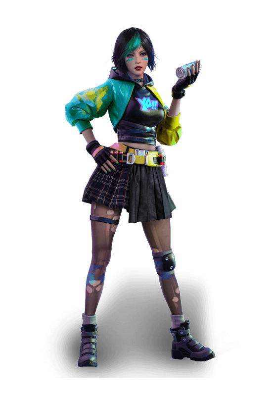 Imagem completa do personagem Steffie no Free Fire com habilidade Abrigo de Tinta