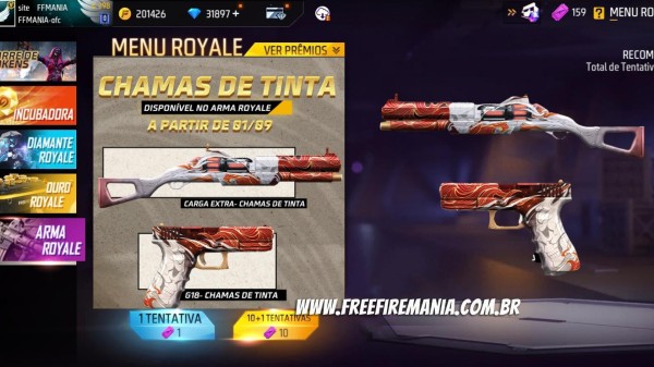 Arma Royale Free Fire setembro 2022: Carga Extra e G18 - Chamas de Tinta