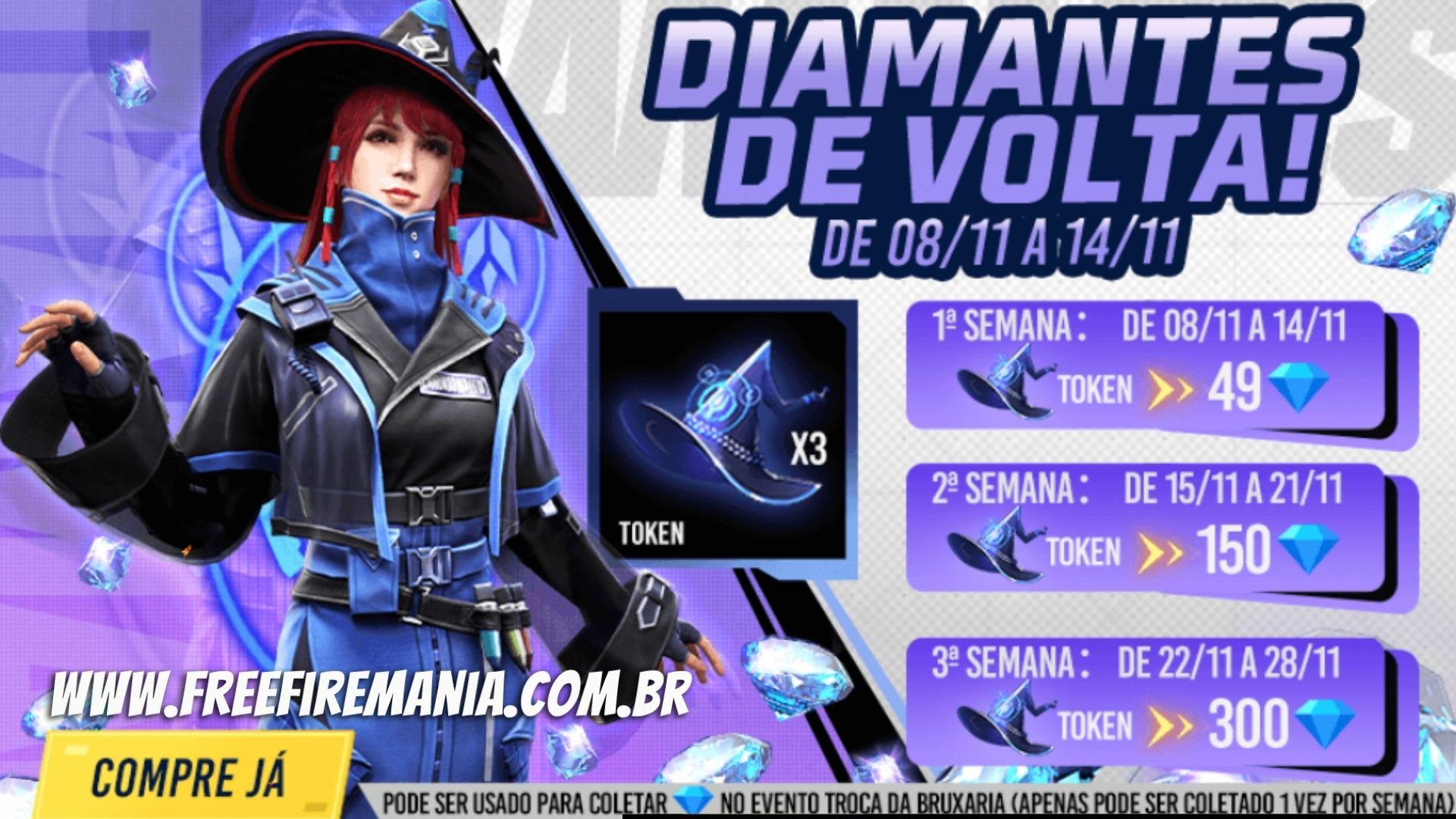 Bruxona Free Fire: veja como pegar a skin no evento “Diamantes de Volta”