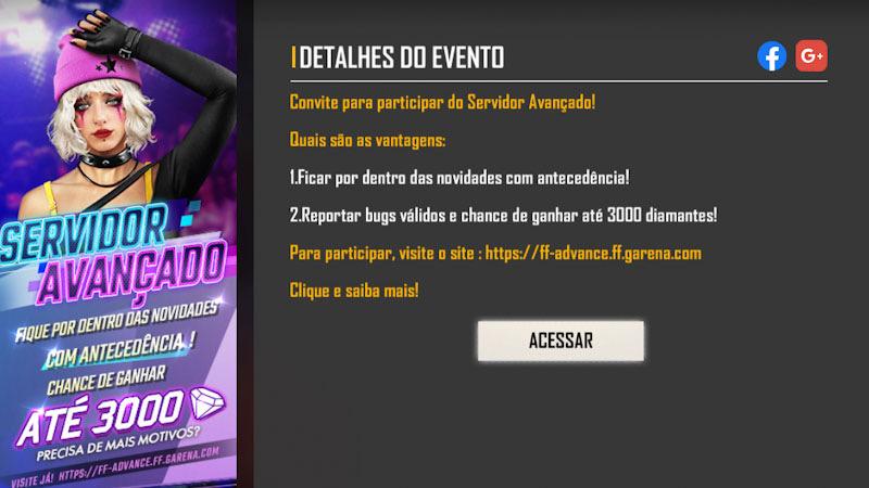 Garena Free Fire - O Servidor Avançado está aberto para Download! Se você  foi escolhido para os testes, não deixe de conferir as novidades! advance.ff.garena.com/br