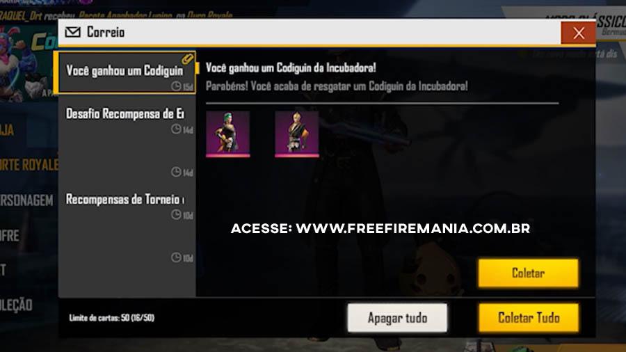 Códigos e Codiguins com as Skins da Incubadora Alucinações do Free Fire