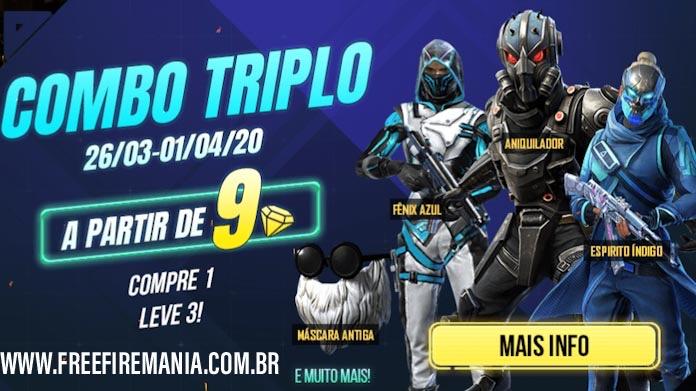 Combo Triplo com barba de papai noel e muitas skins no evento do Free Fire