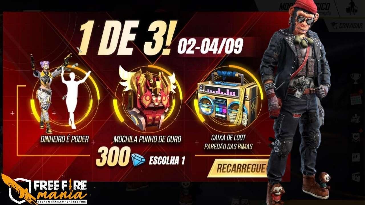 Escolha 1 de 3 no novo evento de recarga do Free Fire