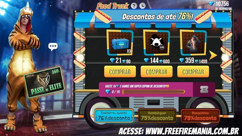 Food Truck Free Fire: Dino Tigre e Passe de Elite barato