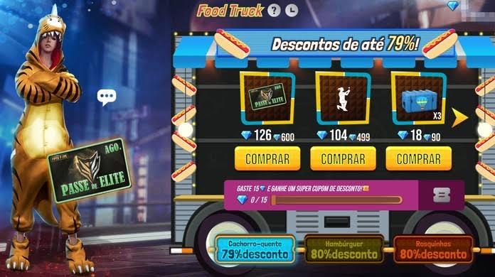 Food Truck Free Fire: Passe de Elite com desconto na próxima quarta-feira e Dino Tigre 