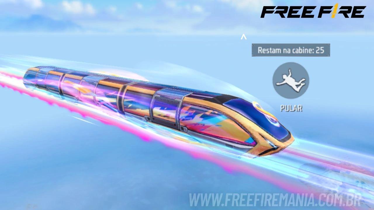 Image of the Free Fire train, which takes you to the Floating Island, with mention of the Angelic Pants and Sakura Pass.