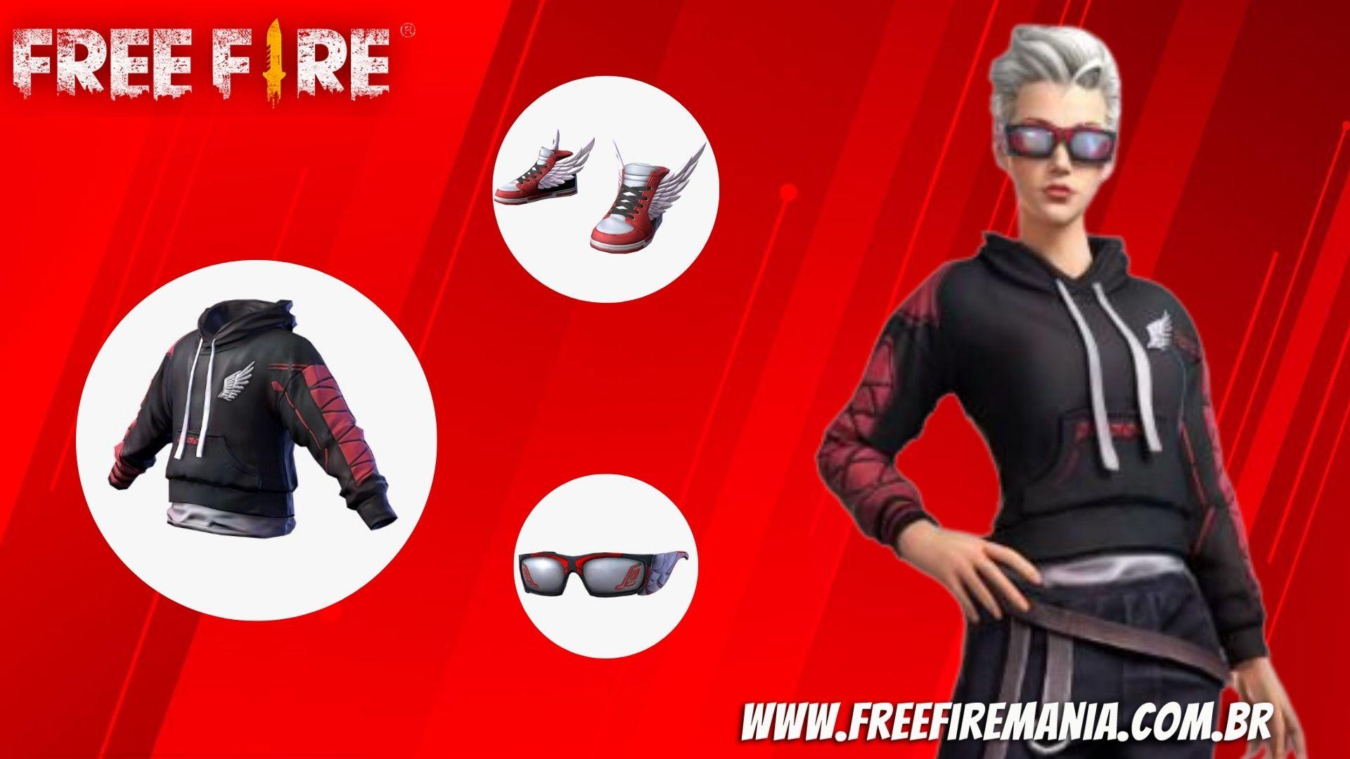 Free Fire lança Conjunto Angelical vermelho: óculos, tênis e moletom; saiba como conseguir