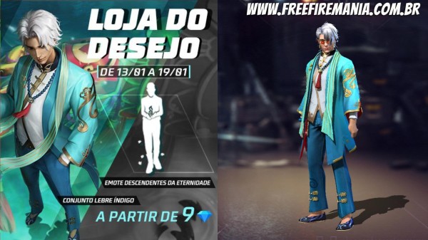 Free Fire Loja do Desejo 2023 com pacote Lebre Índigo e Emote Descendentes da Eternidade