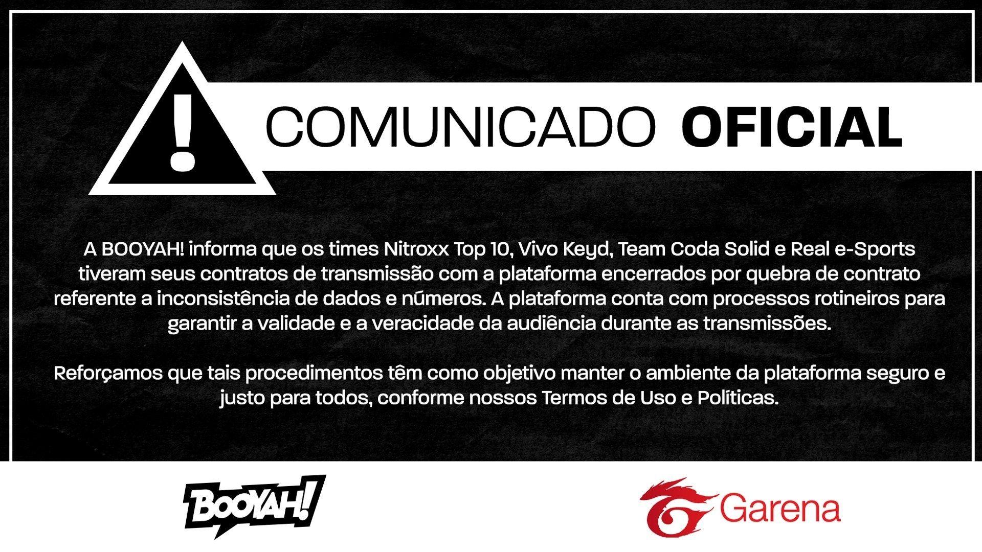 Garena exclui Vivo Keyd, Nitroxx Top 10, Real e-Sports e Team Coda Solid dos contratos com a Booyah