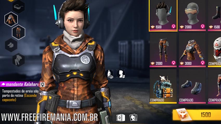 Pacote com a Skin Comandante Kalahari disponível no Free Fire