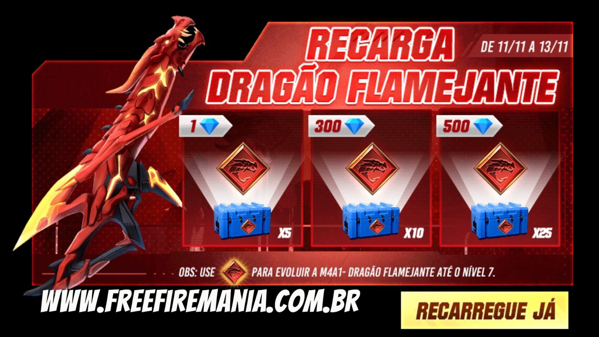 Recarga Free Fire: 11 de novembro (2022); diamantes por token Dragão Flamejante