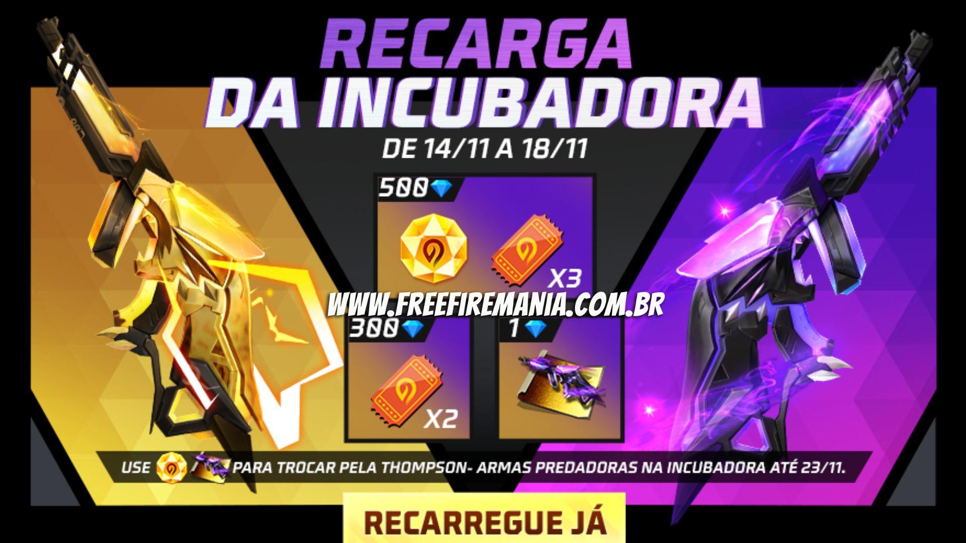 Recarga Free Fire: 14 de novembro (2022); diamantes por Thompson Armas Predadoras