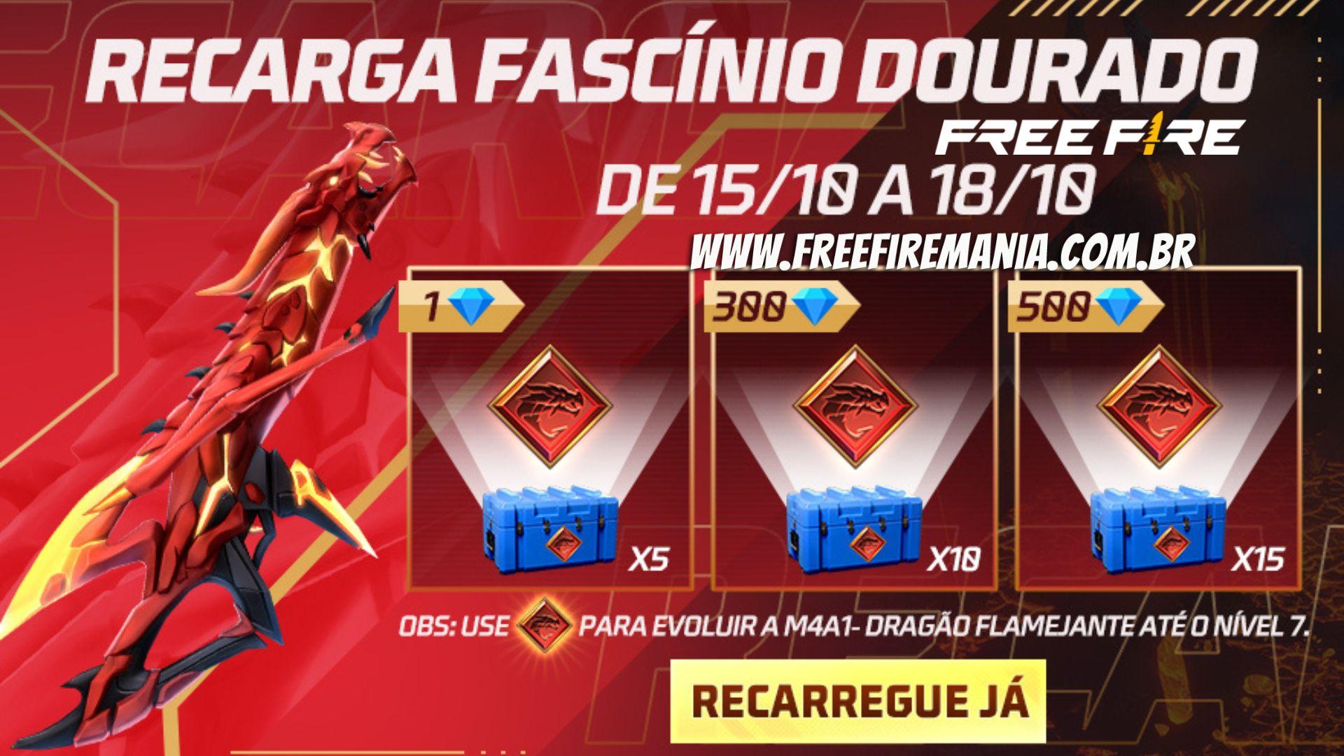 Recarga Free Fire: 15 de outubro (2022); recompensa com tokens M4A1 Dragão Flamejante