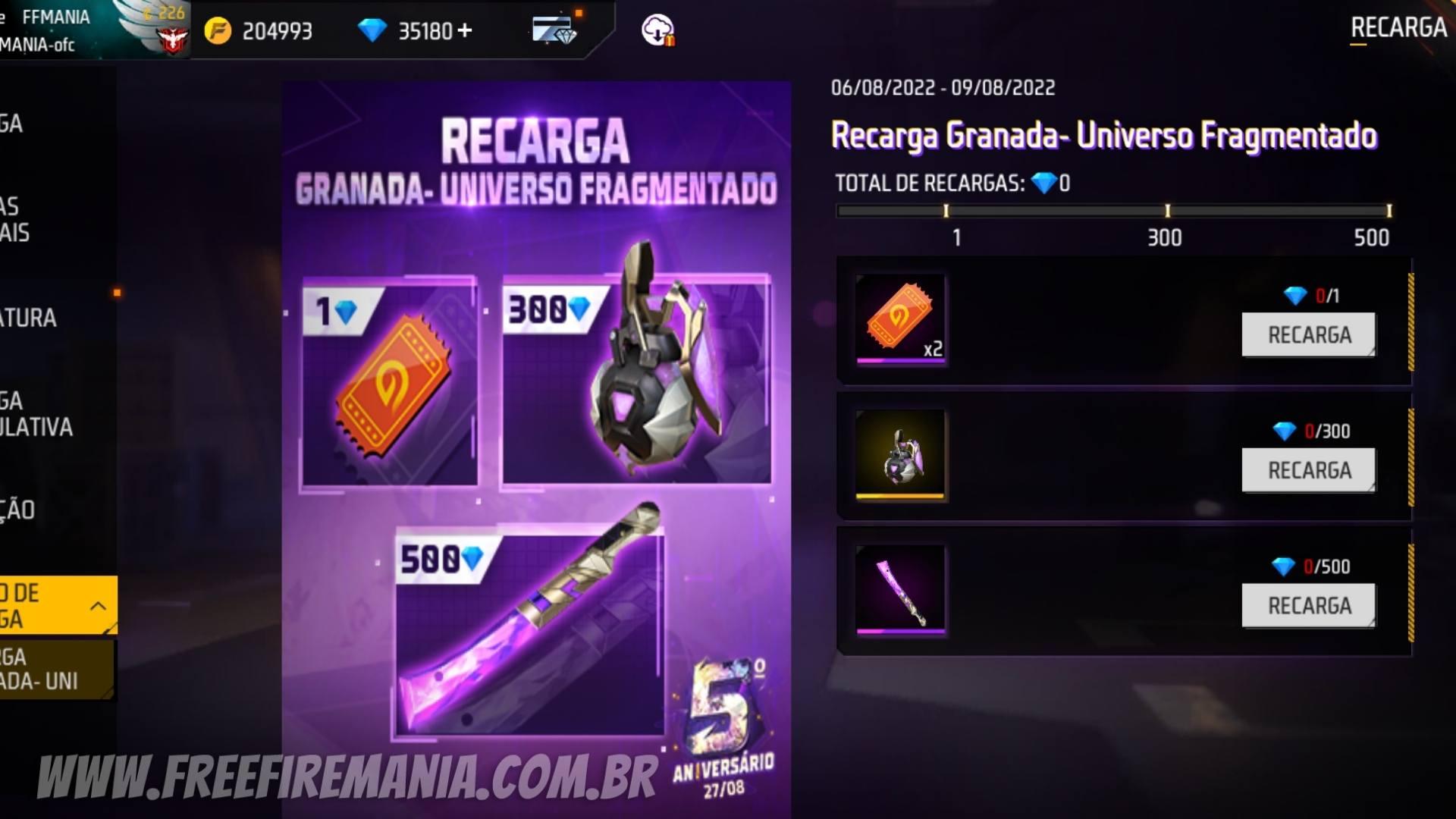 Recarga Free Fire: 6 de agosto (2022); recompensa Granada - Universo Fragmentado
