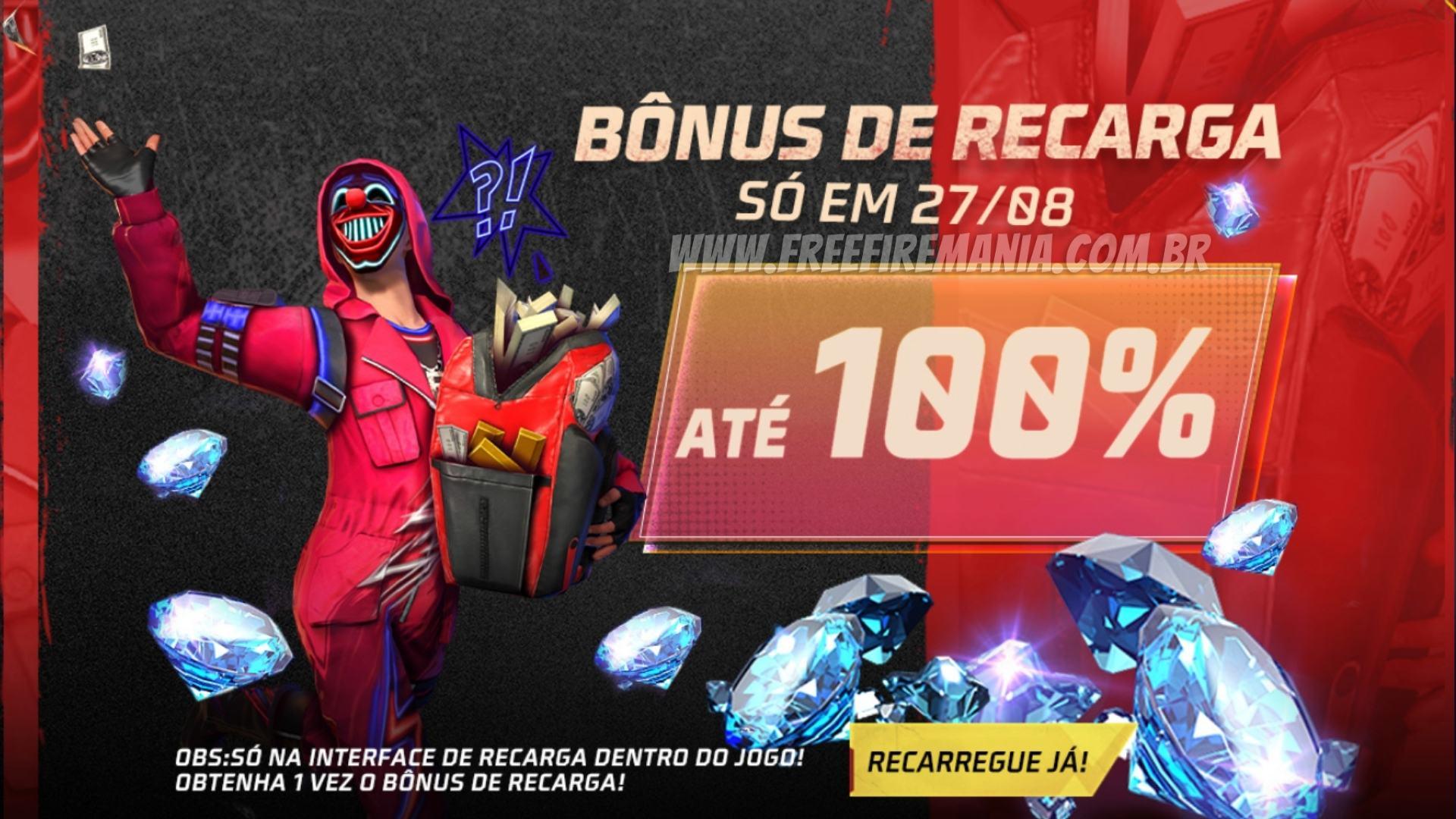 Recarga Free Fire com bônus de 100% na compra de diamantes chega