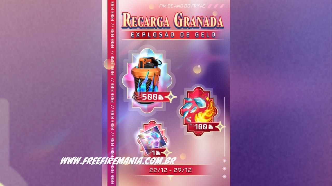 Recarga Free Fire: ganhe Granada- Explosão de Gelo ao comprar diamantes em 22 de fevereiro (2023)