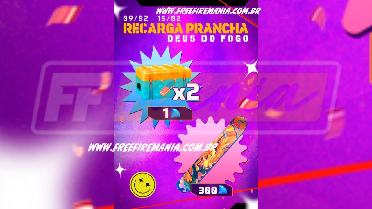 Recarga Free Fire: ganhe Prancha - Deus do Fogo   ao comprar diamantes em 16 de fevereiro (2024)