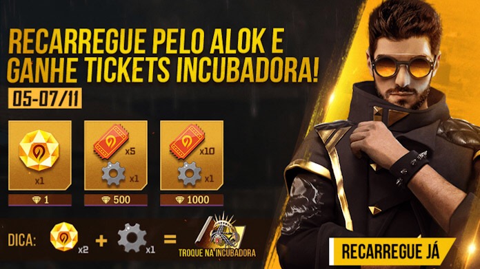 Recarregue pelo Alok e Ganhe Tickets da Incubadora no Free Fire