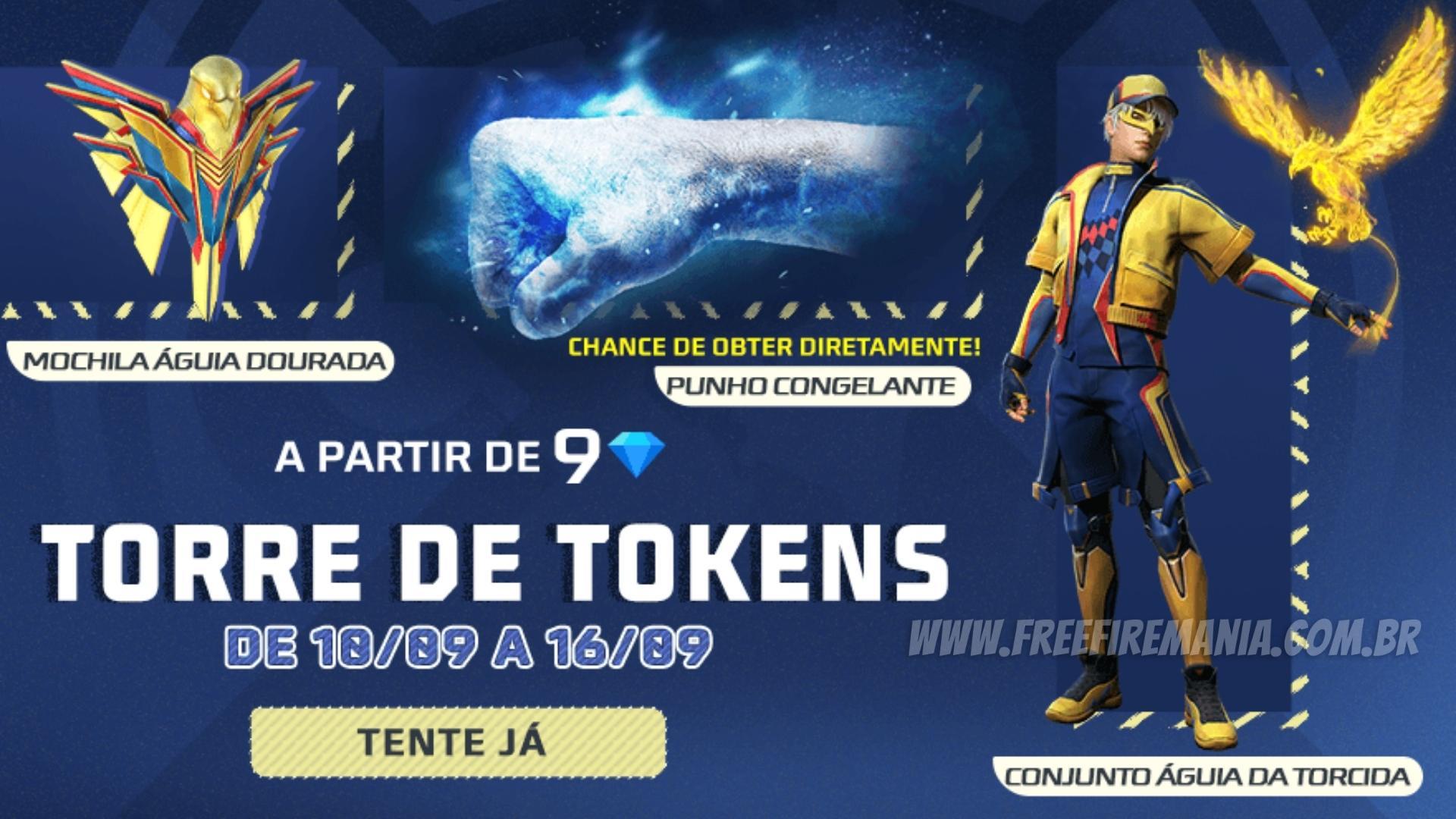 Torre de Tokens Free Fire: Punho, Mochila e Conjunto Águia da Torcida são as recompensas